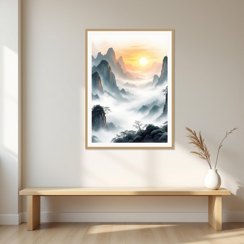 Lijst met zonsopgang en berglandschap als tv-kunst, Oosterse muurdecoratie, kunst voor de woonkamer, digitale kunst, inkttekening, Chinese inkttekeningprint afbeelding 1