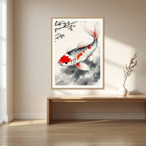 鯉の滝の壁画、禅のインテリアアート、寝室の壁画、ファインアートプリント、水墨画、中国水墨画プリント 画像 1
