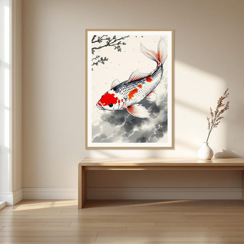 鯉の滝の壁画、禅のインテリアアート、寝室の壁画、ファインアートプリント、水墨画、中国水墨画プリント 画像 1