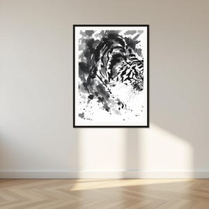 Lámina decorativa de tigre, arte mural oriental, decoración para encima de la cama, lámina de bellas artes, pintura a la tinta, lámina de pintura china a la tinta imagen 1