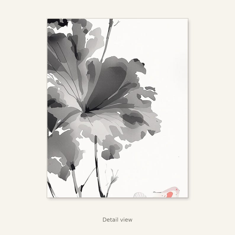 Lotusblomma-väggkonst, orientaliskt tryck, meditationsdekor, digitalt tryck, bläcktvättad målning, kinesisk bläckmålning bild 10
