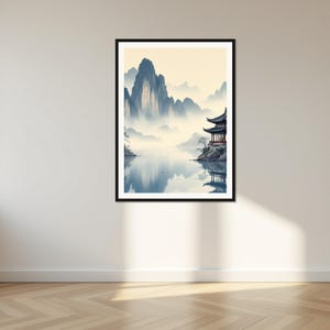 Chinese Paviljoen Muurdecoratie aan het Meer, Japandi Interieurkunst, Decoratie boven het Bed, Kunstprint, Inktwasschilderij afbeelding 1