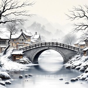 Bridge Snow Wall Art, Chinoiserie Aesthetic, Dining Room Art, Digital Print, Ink Wash Painting, Chinese Ink Painting Print image 9