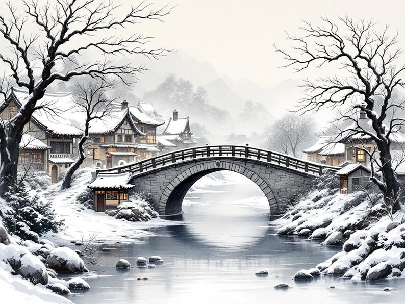 Bridge Snow Wall Art, Chinoiserie Aesthetic, Dining Room Art, Digital Print, Ink Wash Painting, Chinese Ink Painting Print image 9