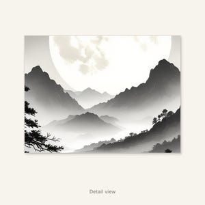 Paisaje lunar para imprimir, lámina minimalista, decoración de pared para spa, lámina de arte en tinta, lámina de pintura china en tinta. imagen 10