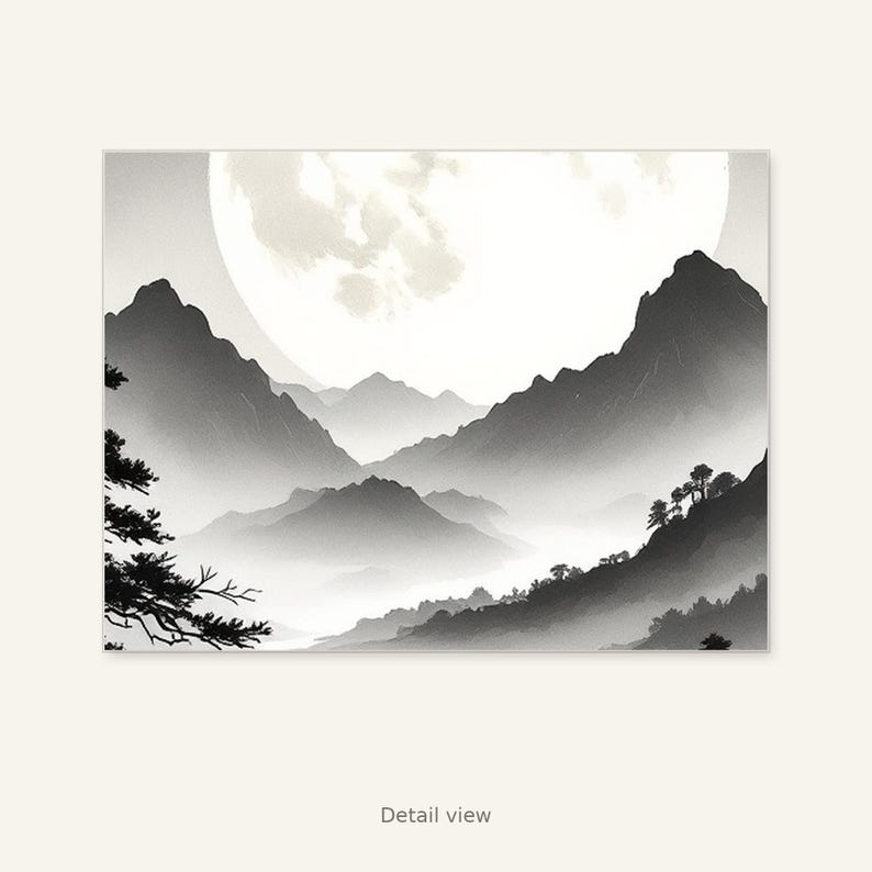 Paisaje lunar para imprimir, lámina minimalista, decoración de pared para spa, lámina de arte en tinta, lámina de pintura china en tinta. imagen 10