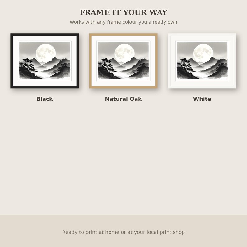 Moon Landscape Asian Wall Art Set of 3, Zen Decor, Gallery Wall Set, Printable Download, Ink Wash Painting, Chinese Ink Painting Print image 7