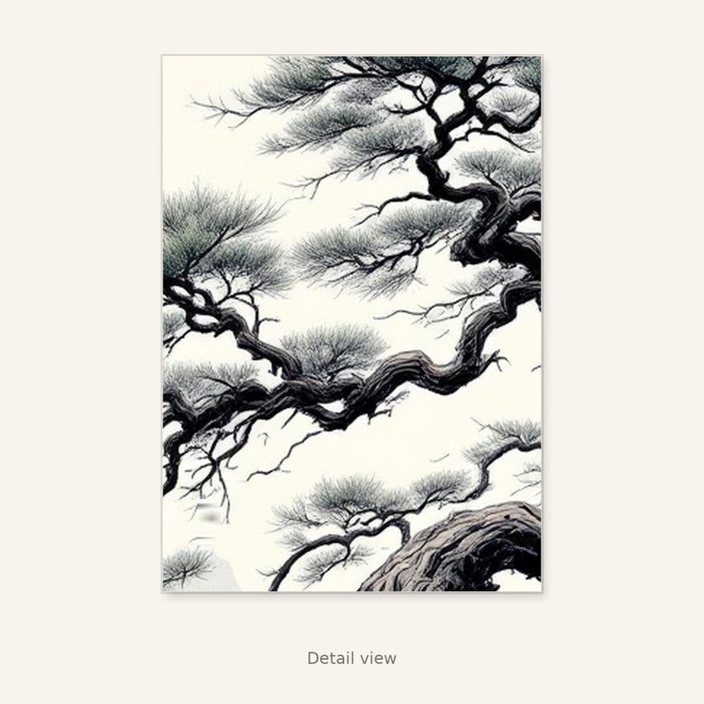 Pine Tree Wall Art, Wabi Sabi Decor, Above Bed Decor, Ink Art Print, Chinese Ink Painting Print image 2