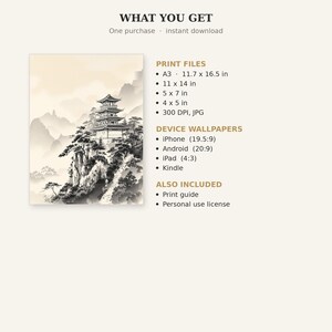 Set di 3 quadri asiatici a forma di pagoda, decorazione in stile Chinoiserie, set per parete galleria, download stampabile, pittura a inchiostro, stampa di pittura a inchiostro cinese immagine 5