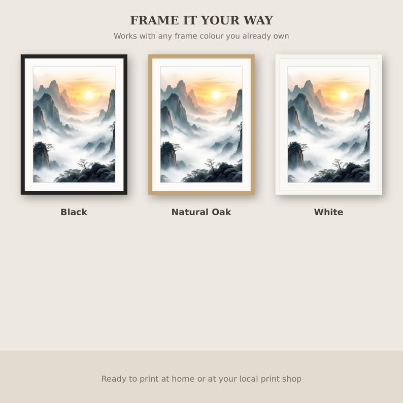 Landscape Sun Art Print, Oriental Decor, Gallery Wall Set, Ink Painting Print, Chinese Ink Painting Print image 7