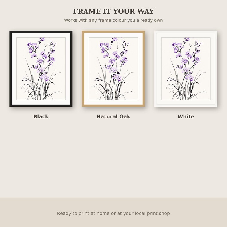 Arte mural de orquídeas, arte interior Wabi Sabi, decoración para encima de la cama, lámina de arte en tinta, lámina de pintura china en tinta imagen 7