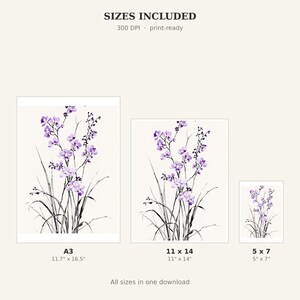 Arte mural de orquídeas, arte interior Wabi Sabi, decoración para encima de la cama, lámina de arte en tinta, lámina de pintura china en tinta imagen 4