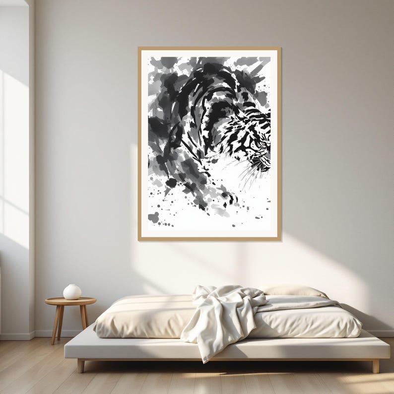 Tiger Art Print, Minimalist Print, Office Wall Art, Fine Art Print, Ink Wash Painting, Chinese Ink Painting Print image 1