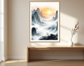 May include: A framed wall art print featuring a landscape painting of jagged mountain peaks rising above a thick layer of white mist. The scene is illuminated by a soft, glowing golden sun positioned in the centre of a pale, hazy sky.