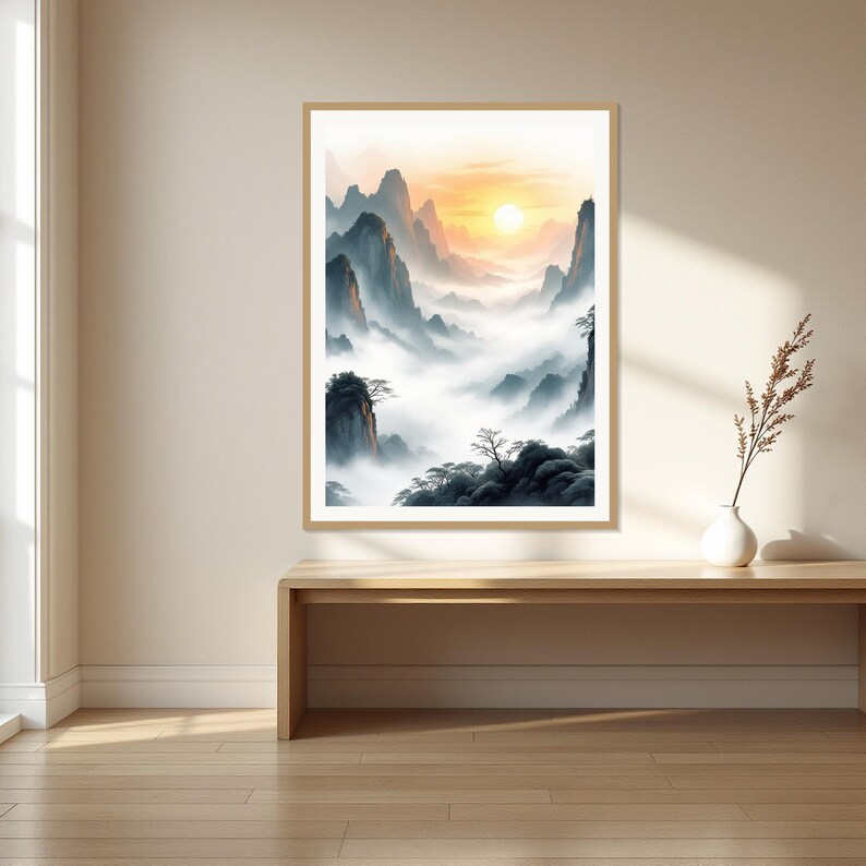 Landscape Sun Art Print, Oriental Decor, Gallery Wall Set, Ink Painting Print, Chinese Ink Painting Print image 1