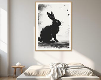 May include: A framed wall art print featuring a black ink wash illustration of a rabbit sitting in profile. The rabbit is depicted with long ears and whiskers against a white background with abstract gray brushstrokes and two small birds.