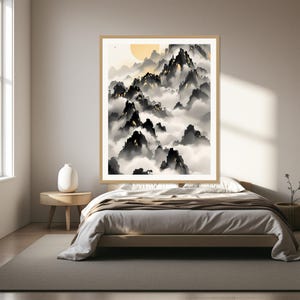 Cloud Sea Art Print, Neutral Decor, Gallery Wall Set, Ink Painting Print, Chinese Ink Painting Print image 1