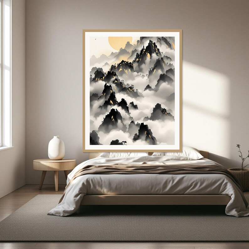 Cloud Sea Art Print, Neutral Decor, Gallery Wall Set, Ink Painting Print, Chinese Ink Painting Print image 1