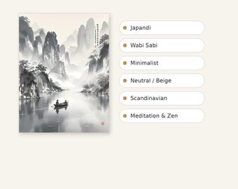 May include: A rectangular wall art print featuring a black and white ink wash landscape of mountains, a river, and a small boat with two figures. The text reads MATCHES THESE STYLES, Japandi, Wabi Sabi, Minimalist, Neutral / Beige, Scandinavian, Meditation & Zen.