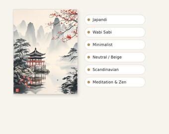 May include: A rectangular wall art print featuring a pagoda by a lake with misty mountains in the background and red-flowered tree branches. Text includes MATCHES THESE STYLES, Japandi, Wabi Sabi, Minimalist, Neutral / Beige, Scandinavian, and Meditation & Zen.