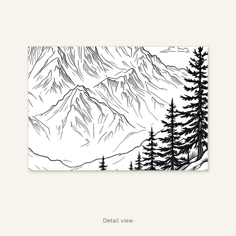 Mountain Landscape Adult Coloring Page, Wabi Sabi Wall Art, Above Bed Decor, Ink Art Print, Chinese Ink Painting Print image 3