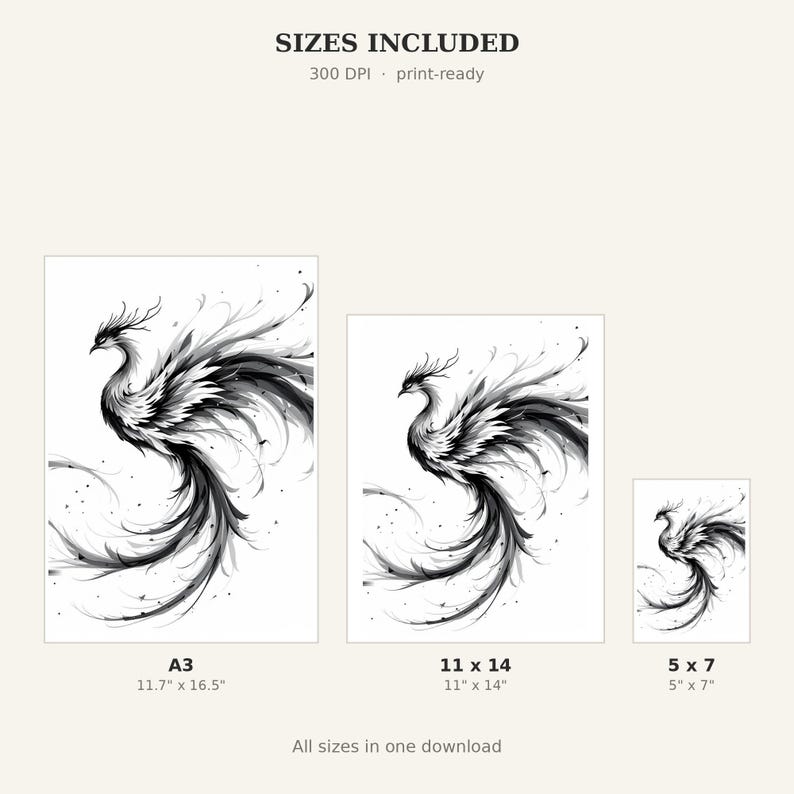 Phoenix Printable Art, Asian Wall Art, Above Bed Decor, Fine Art Print, Ink Wash Painting, Chinese Ink Painting Print image 4