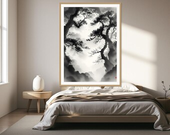 Op de afbeelding: Een ingelijste wandkunstprint met een zwart-wit inktlandschap van knoestige dennenbomen die naar een mistige, lichtgevende lucht reiken. Het kunstwerk bevat een kleine rode stempelafdruk in de rechterbenedenhoek van de print.