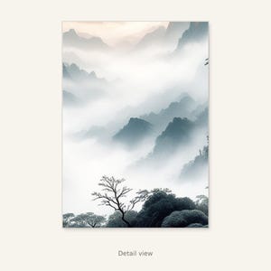 Lijst met zonsopgang en berglandschap als tv-kunst, Oosterse muurdecoratie, kunst voor de woonkamer, digitale kunst, inkttekening, Chinese inkttekeningprint afbeelding 3