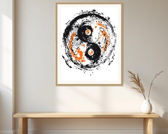 May include: A framed wall art print featuring a circular yin and yang symbol composed of two koi fish. The fish are rendered in orange, white, and black with ink-splatter effects. The design is set against a white background within a light wood frame.