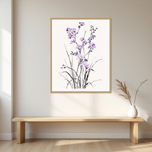 Arte mural de orquídeas, arte interior Wabi Sabi, decoración para encima de la cama, lámina de arte en tinta, lámina de pintura china en tinta imagen 1