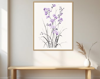 May include: A framed wall art print featuring a watercolour illustration of delicate purple flowers and dark grey grass-like stems on a white background. The artwork is enclosed in a light-toned wooden frame, showcasing a botanical composition.