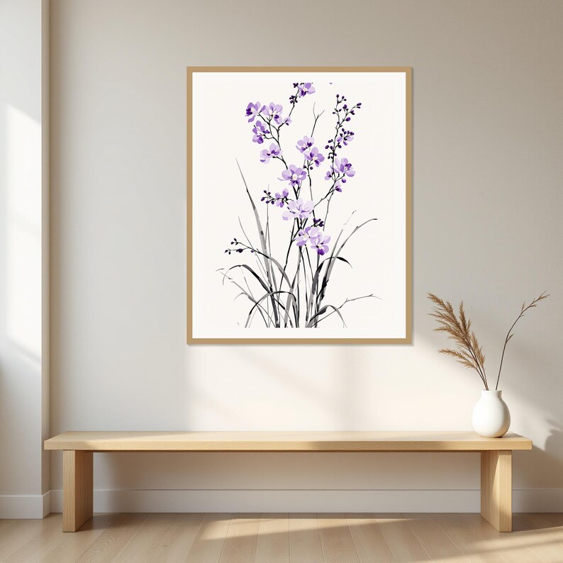 Arte mural de orquídeas, arte interior Wabi Sabi, decoración para encima de la cama, lámina de arte en tinta, lámina de pintura china en tinta imagen 1