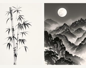 Väggkonst med bambu och månlandskap, set om 2, Chinoiserie-bläckmålning, Zen Japandi utskrivbar tavelvägg, digital nedladdning