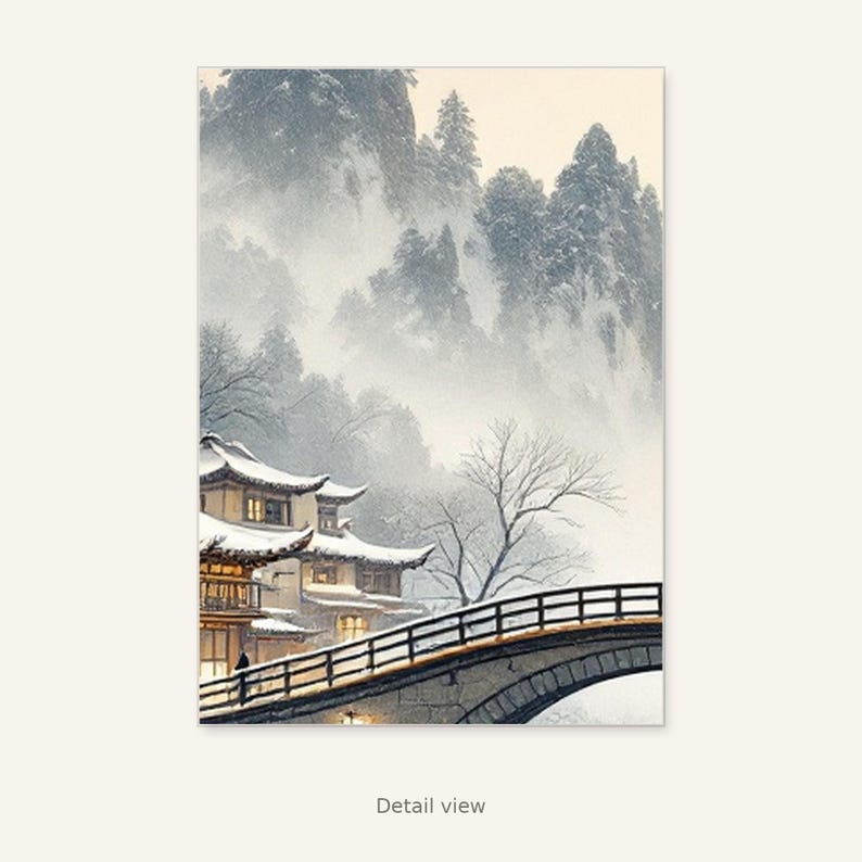 Bridge Snow Wall Art, Chinoiserie Aesthetic, Dining Room Art, Digital Print, Ink Wash Painting, Chinese Ink Painting Print image 2