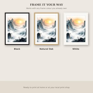 Landschaftsbild mit Sonne, asiatischer Druck, Meditationsdekoration, Tuschemalerei-Druck, chinesischer Tuschemalerei-Druck Bild 7