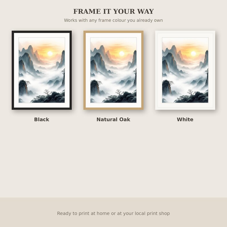 Landschaftsbild mit Sonne, asiatischer Druck, Meditationsdekoration, Tuschemalerei-Druck, chinesischer Tuschemalerei-Druck Bild 7
