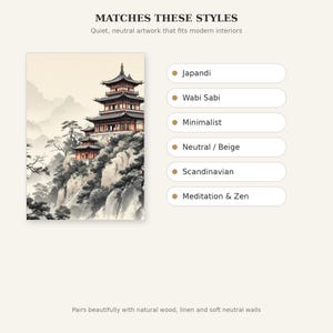 Chinese pagode muurdecoratie, Wabi Sabi interieurkunst, decoratie boven het bed, kunstprint, inkttekening, Chinese inkttekeningprint afbeelding 9