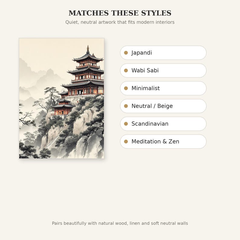 Chinese pagode muurdecoratie, Wabi Sabi interieurkunst, decoratie boven het bed, kunstprint, inkttekening, Chinese inkttekeningprint afbeelding 9