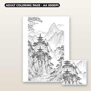 Mountain Landscape Adult Coloring Page, Wabi Sabi Wall Art, Above Bed Decor, Ink Art Print, Chinese Ink Painting Print image 1