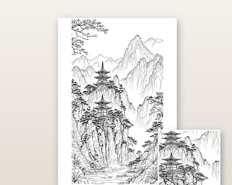 May include: A black and white coloring page featuring a landscape with two pagodas perched on rocky cliffs, a waterfall flowing into a stream, and jagged mountains in the background. The text ADULT COLORING PAGE A4 300DPI is at the top.