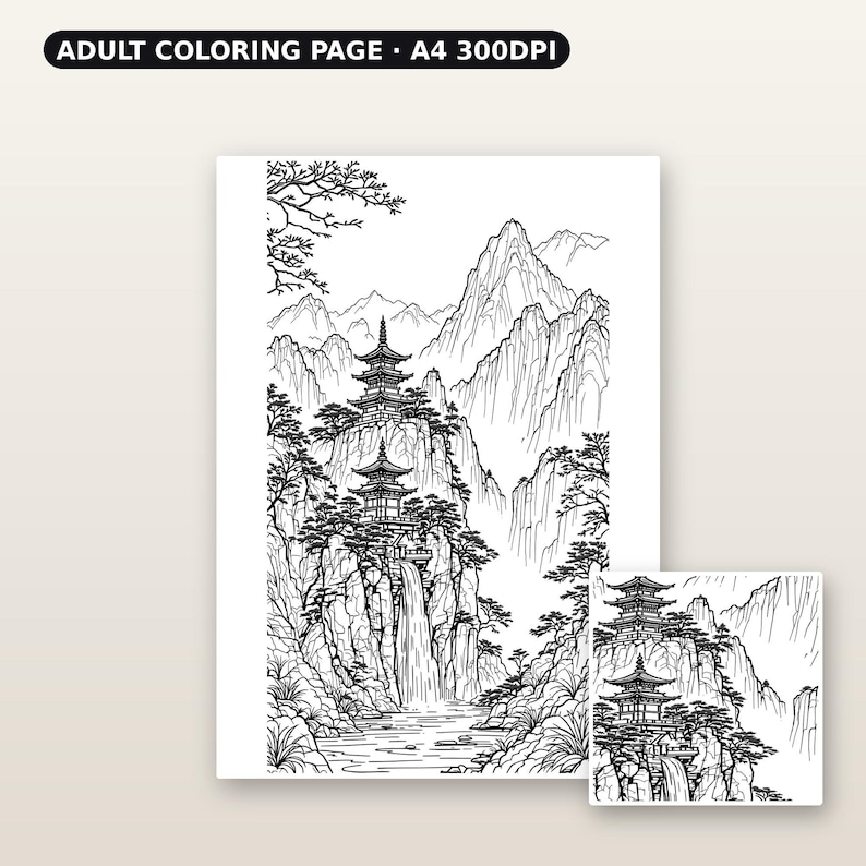 Mountain Landscape Adult Coloring Page, Wabi Sabi Wall Art, Above Bed Decor, Ink Art Print, Chinese Ink Painting Print image 1