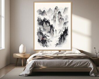 May include: A framed wall art print featuring a monochromatic ink wash painting of jagged mountain peaks, misty valleys, and cascading waterfalls. The artwork displays varying shades of black, grey, and white, with small red accents on trees.