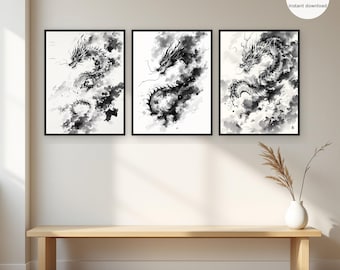 May include: A set of three framed wall art prints featuring black and white ink wash style illustrations of dragons amidst swirling clouds. Each rectangular print displays a different dragon composition with detailed scales and flowing whiskers.