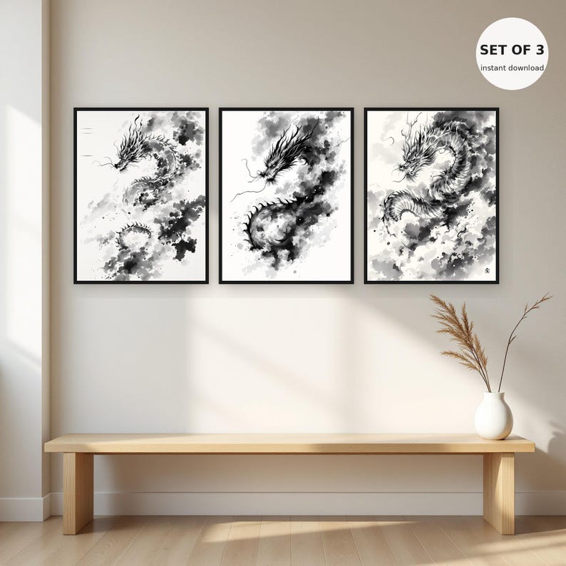 Conjunto de 3 láminas de arte mural asiático con dragones, decoración neutra, decoración de pared para spa, descarga instantánea de arte, pintura a la tinta, impresión de pintura china a la tinta. imagen 1