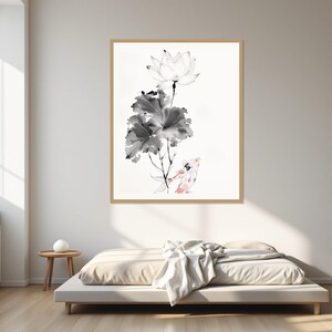 Lotus Flower Frame TV Art, Asian Print, Office Wall Art, Digital Art, Ink Wash Painting, Chinese Ink Painting Print image 1