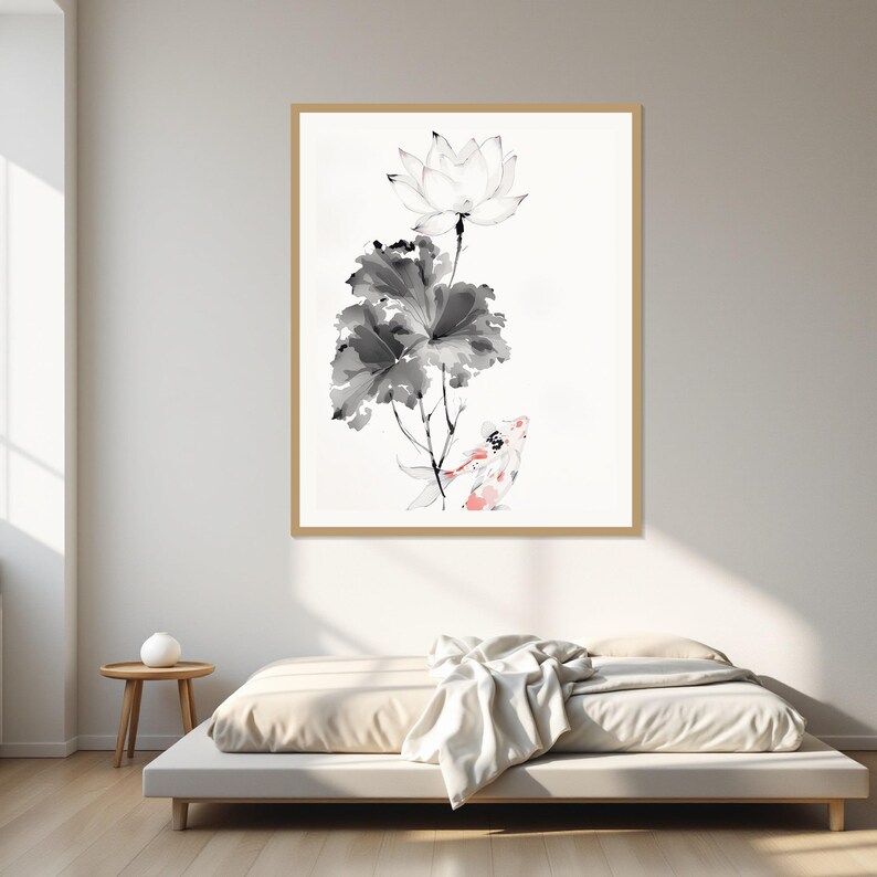 Lotus Flower Frame TV Art, Asian Print, Office Wall Art, Digital Art, Ink Wash Painting, Chinese Ink Painting Print image 1