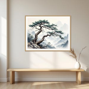 Pine Tree Wall Art, Wabi Sabi Decor, Above Bed Decor, Ink Art Print, Chinese Ink Painting Print image 1
