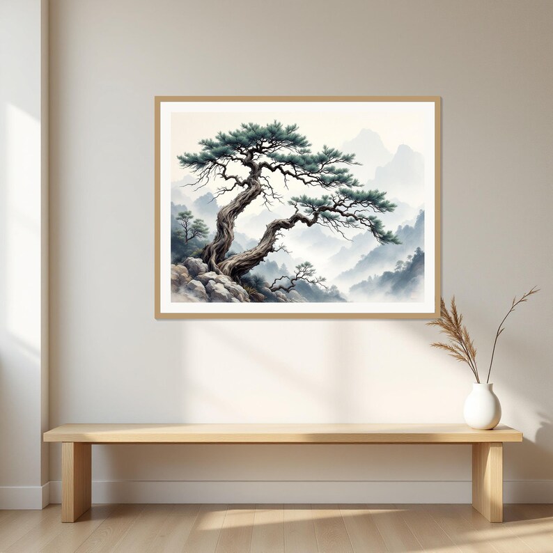 Pine Tree Wall Art, Wabi Sabi Decor, Above Bed Decor, Ink Art Print, Chinese Ink Painting Print image 1