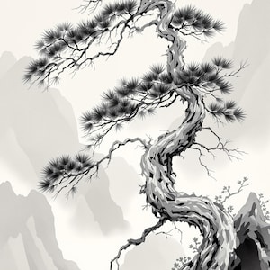 Poster mit Kiefernmotiv, Japandi-Wandkunst, Esszimmerkunst, Tuschemalerei-Druck, Chinesische Tuschemalerei-Druck Bild 9