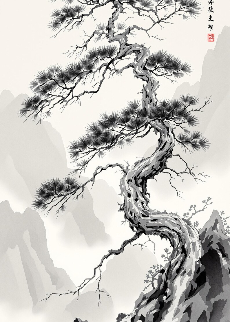 Poster mit Kiefernmotiv, Japandi-Wandkunst, Esszimmerkunst, Tuschemalerei-Druck, Chinesische Tuschemalerei-Druck Bild 9